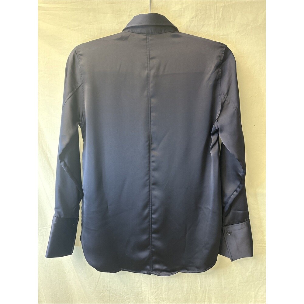 H&M Navy Blue Satin Blouse with Concealed Button Placket & Chest Pocket - Picture 3 of 3